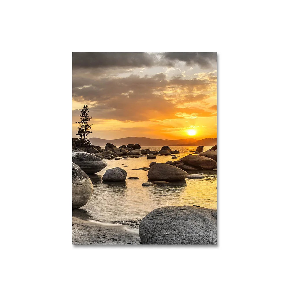 3PCS Frameless Canvas Paintings Sunset Sea Beach Natural Landscape Poster and Prints Wall Art Picture for Living Room Home Decor