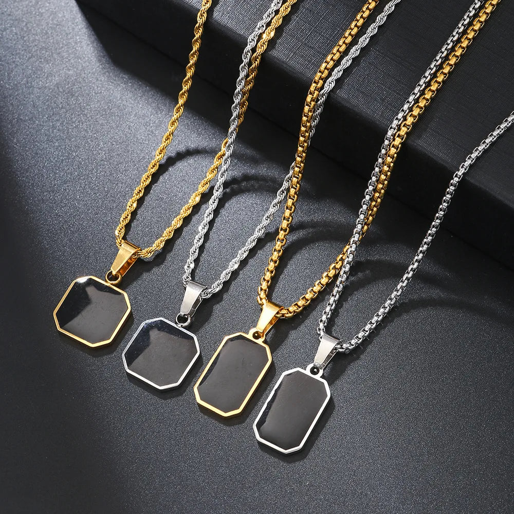 Stylish Men's Black Enamel Necklaces, Stainless Steel Square Pendant Necklace,Minimalist Male Collar Jewelry Gift