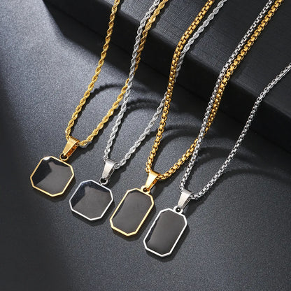 Stylish Men's Black Enamel Necklaces, Stainless Steel Square Pendant Necklace,Minimalist Male Collar Jewelry Gift