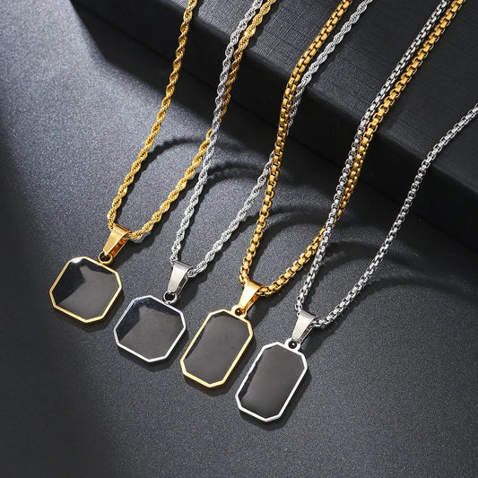 Stylish Men's Black Enamel Necklaces, Stainless Steel Square Pendant Necklace,Minimalist Male Collar Jewelry Gift