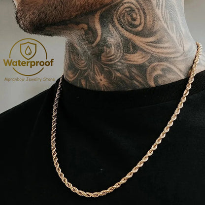 Ropes Long Necklace for Men Women,Stainless Steel Gold Color Twisted Rope Chain Collar,2/3/4/5mm Punk Basic Waterproof Jewelry