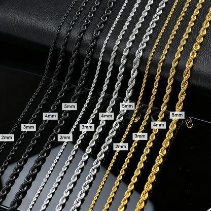 Ropes Long Necklace for Men Women,Stainless Steel Gold Color Twisted Rope Chain Collar,2/3/4/5mm Punk Basic Waterproof Jewelry