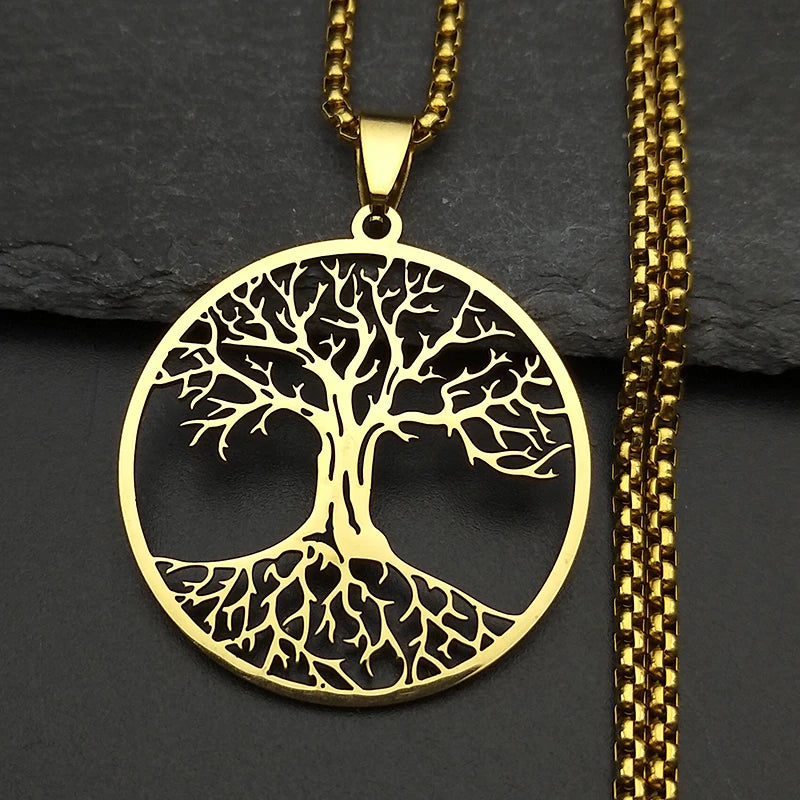 2024 Tree of Life Stainless Steel Long Necklace for Men Black Color Necklaces & Pendants Jewelry cadenas para hombre N834S03