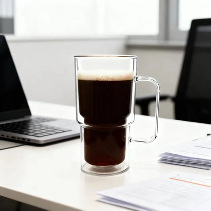 1/2/4Pcs - High Borosilicate Glass Cup Container, Double-Section Style Cup, Coffee Cup with Handle, Double-Layer Creative Wine Glass, Modern Style Draft Beer Cup, Wide-Mouth Mason Jar, Double-Layer Thickened Glassware, Large Capacity 400ml Transparent Cup