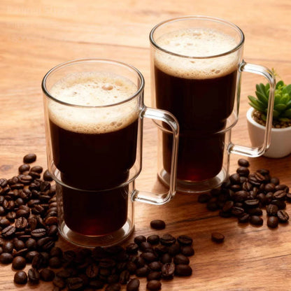 1/2/4Pcs - High Borosilicate Glass Cup Container, Double-Section Style Cup, Coffee Cup with Handle, Double-Layer Creative Wine Glass, Modern Style Draft Beer Cup, Wide-Mouth Mason Jar, Double-Layer Thickened Glassware, Large Capacity 400ml Transparent Cup