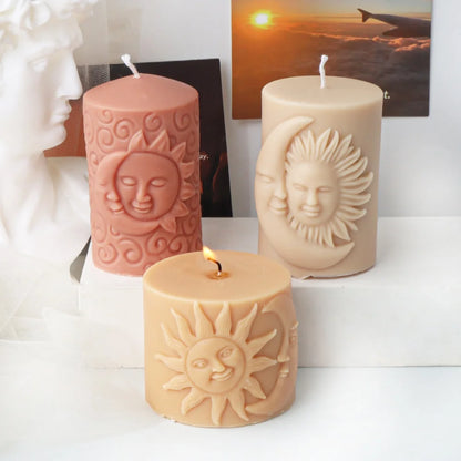 1pc Relief Sun-Moon Face Silicone Candle Mold Cylinder Molds for Scented Candles Plaster Epoxy Resin Casting Home Dinner Decor