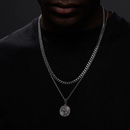 Vnox Layered Necklaces for Men, Sailing Travel Compass Pendant, Stainless Steel Cuban Figaro Wheat Chain, Casual Retro Collar