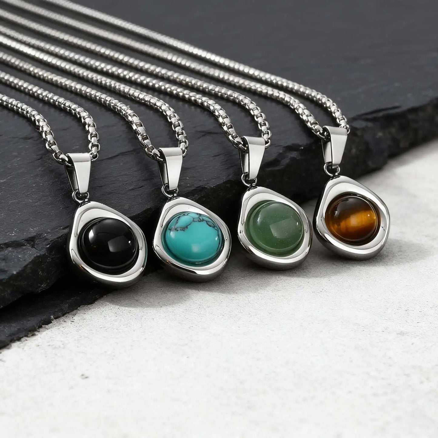 Trendy Pendant Necklaces for Men Boys,Square Natural Stone Stainless Steel Necklaces,Hip Hop Cool Healing Jewelry Gifts