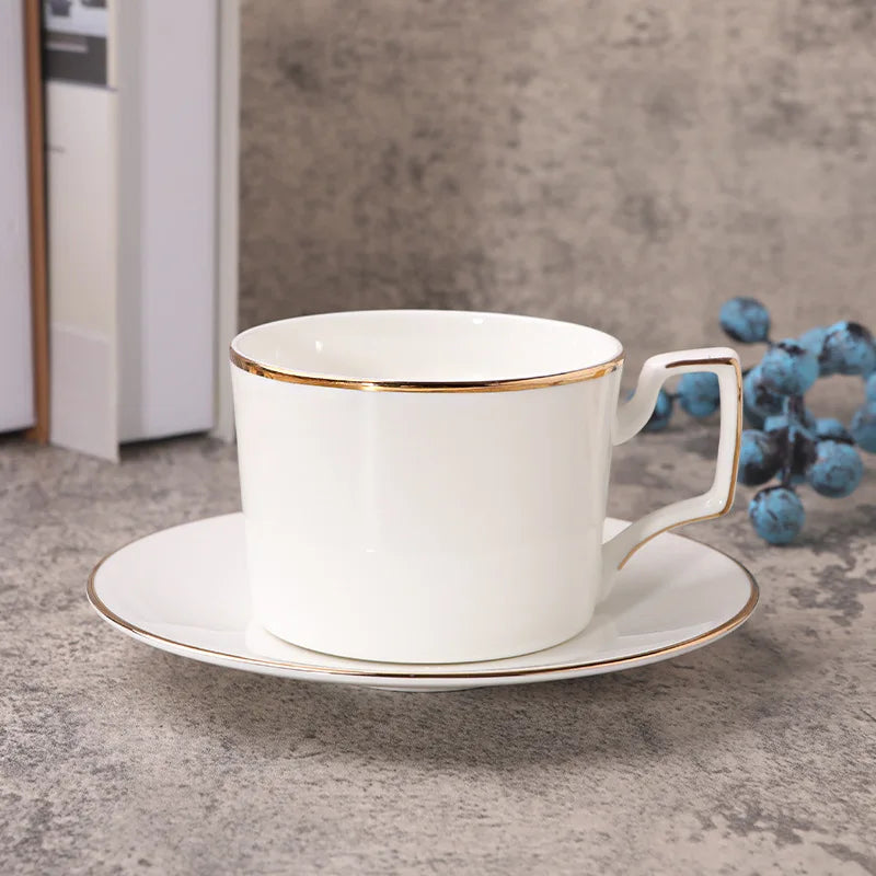 Bone china coffee cup with plate gold border decoration Flower Tea mug Nordic Minimalism Solid White Ceramic Coffee Cup Drinkwar