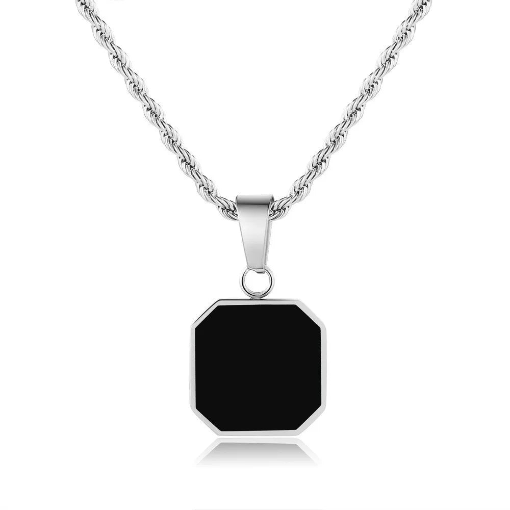 Stylish Men's Black Enamel Necklaces, Stainless Steel Square Pendant Necklace,Minimalist Male Collar Jewelry Gift