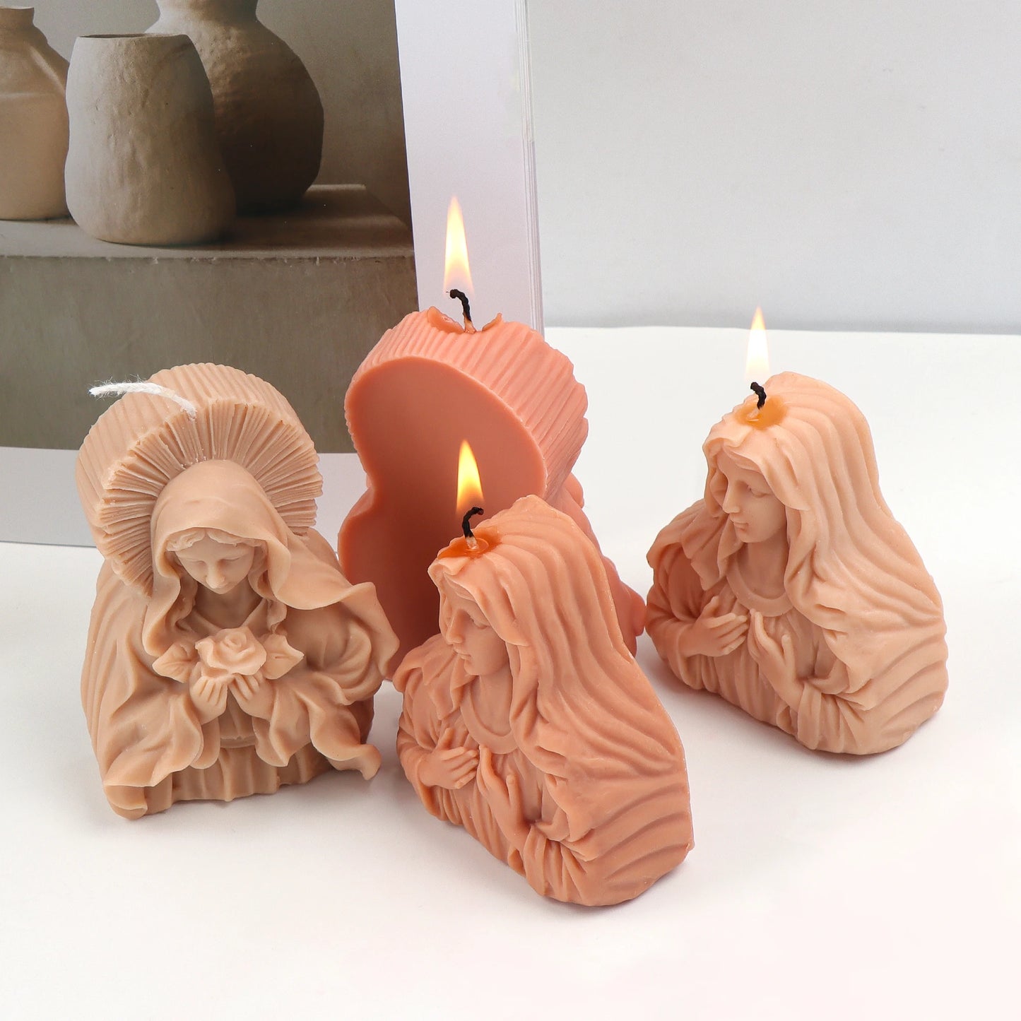DIY Virgin Mary Holds Flower Jesus Silicone Candle Mold Mary Photo Frame Statue Plaster Craft Tool Religious Figurine Decoration