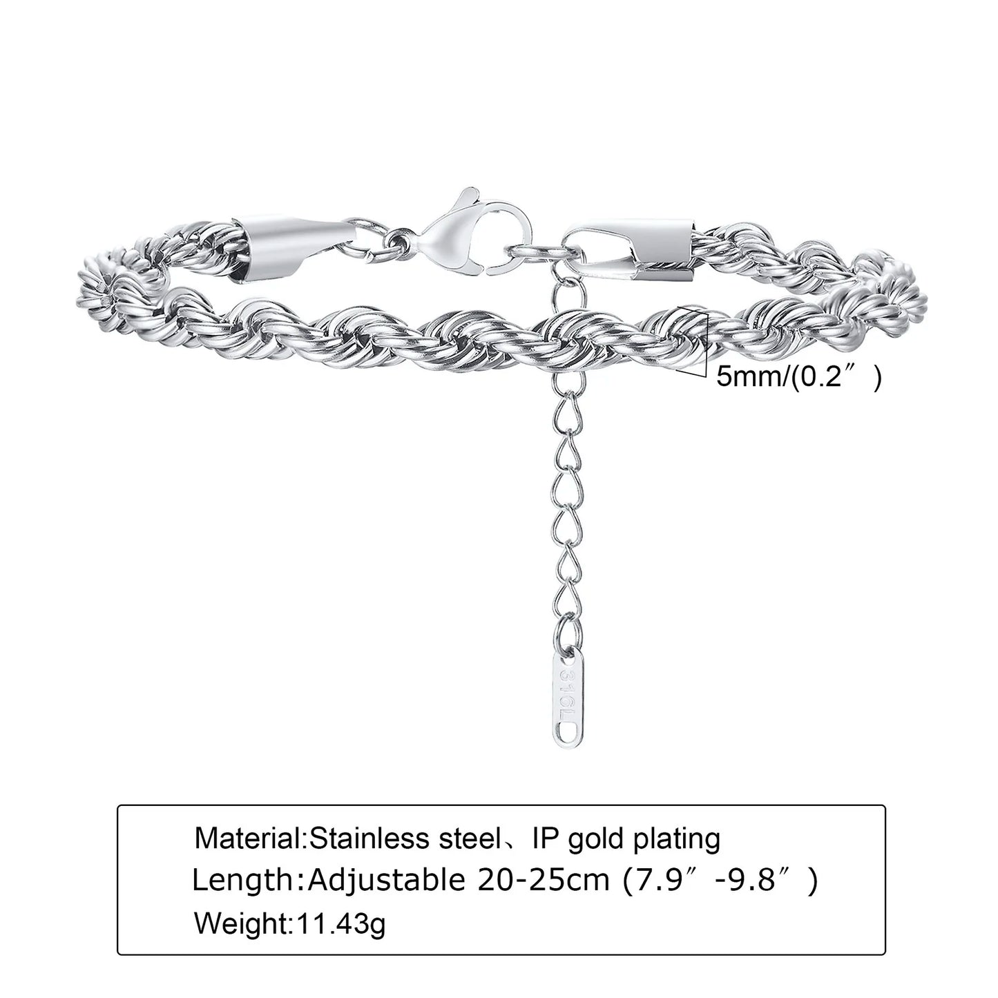 2-5MM Stainless Steel Rope Bracelets for Men Boys,Adjustable Gold Silver Color Links Wristband,Rock Punk Cool Jewelry Gift