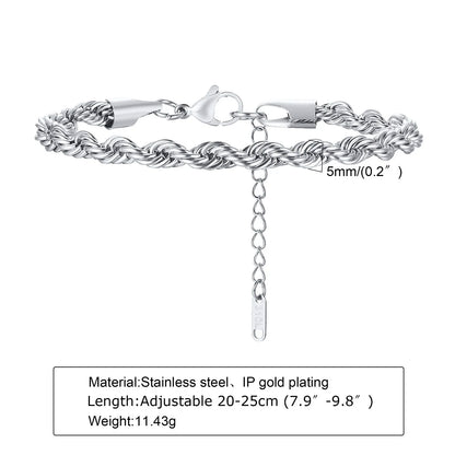 2-5MM Stainless Steel Rope Bracelets for Men Boys,Adjustable Gold Silver Color Links Wristband,Rock Punk Cool Jewelry Gift