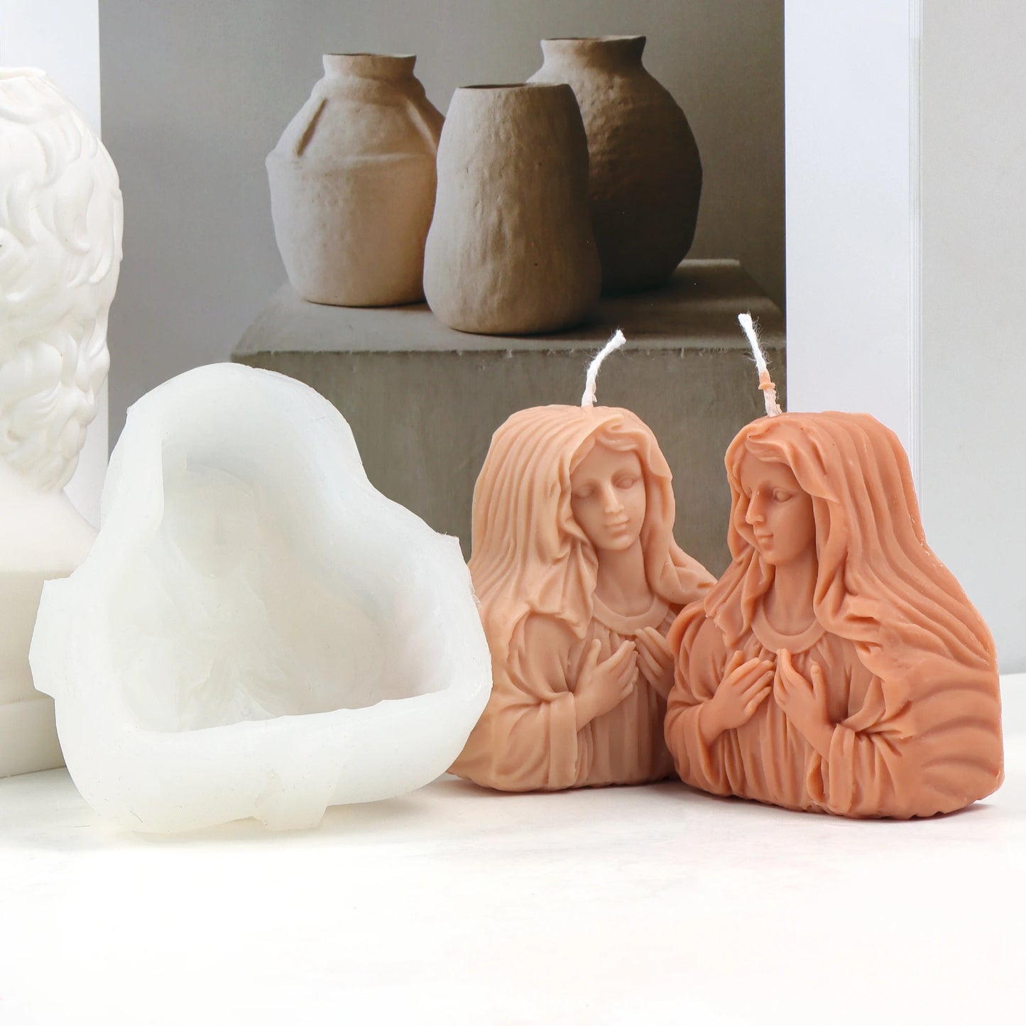 DIY Virgin Mary Holds Flower Jesus Silicone Candle Mold Mary Photo Frame Statue Plaster Craft Tool Religious Figurine Decoration