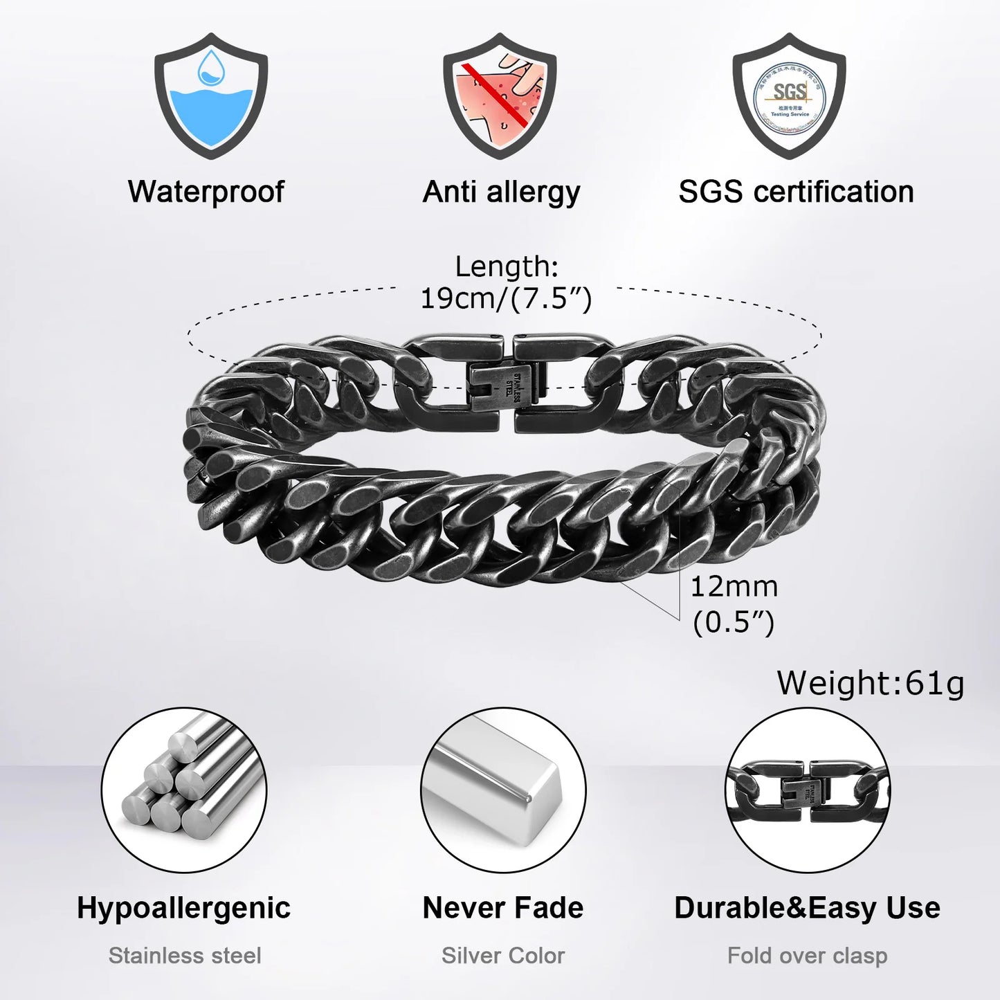Vnox 8mm/12mm Bold Heavy Stainless Steel Cuban Bracelets for Men Boys,Oxidized Metal Wristband,Punk Rock Chain Bracelet Jewelry