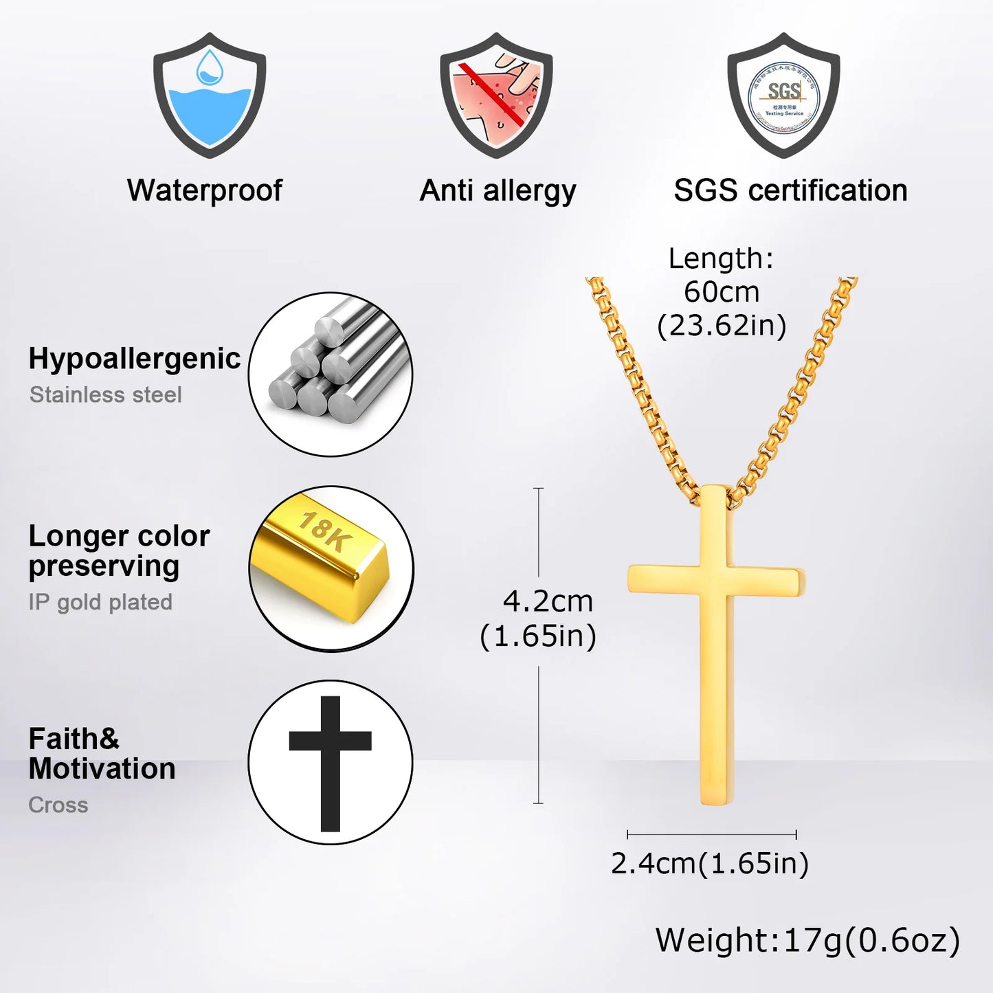 Vnox Stainless Steel Cross Necklace For Men Women Small Big Three Size Cross Pendent Smooth Jewelry Boys 1pc Collar