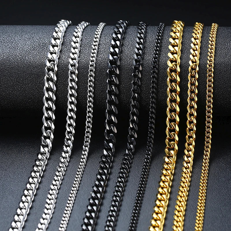 Basic Cuban Chain Necklace for Men Women,Stainless Steel Curb Link Chain Collar,3/5/7/9/11mm Width Black Gold Retro Color Choker