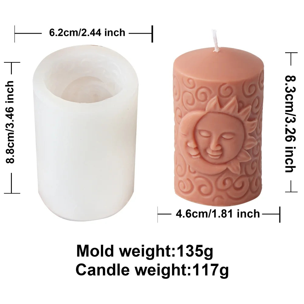 1pc Relief Sun-Moon Face Silicone Candle Mold Cylinder Molds for Scented Candles Plaster Epoxy Resin Casting Home Dinner Decor