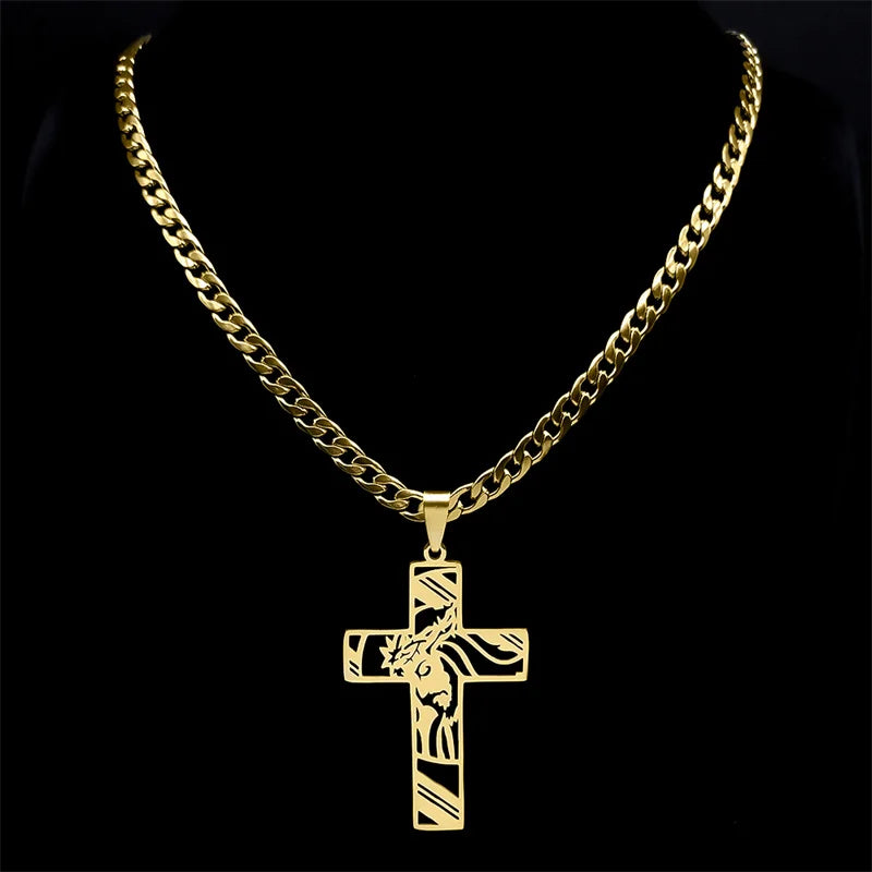 Hiphop Punk Kroon Van Doorns Jesus Kruis Ketting Voor Mannen Roestvrij Staal Verguld Kruisbeeld Hanger Kettingen Sieraden N8052