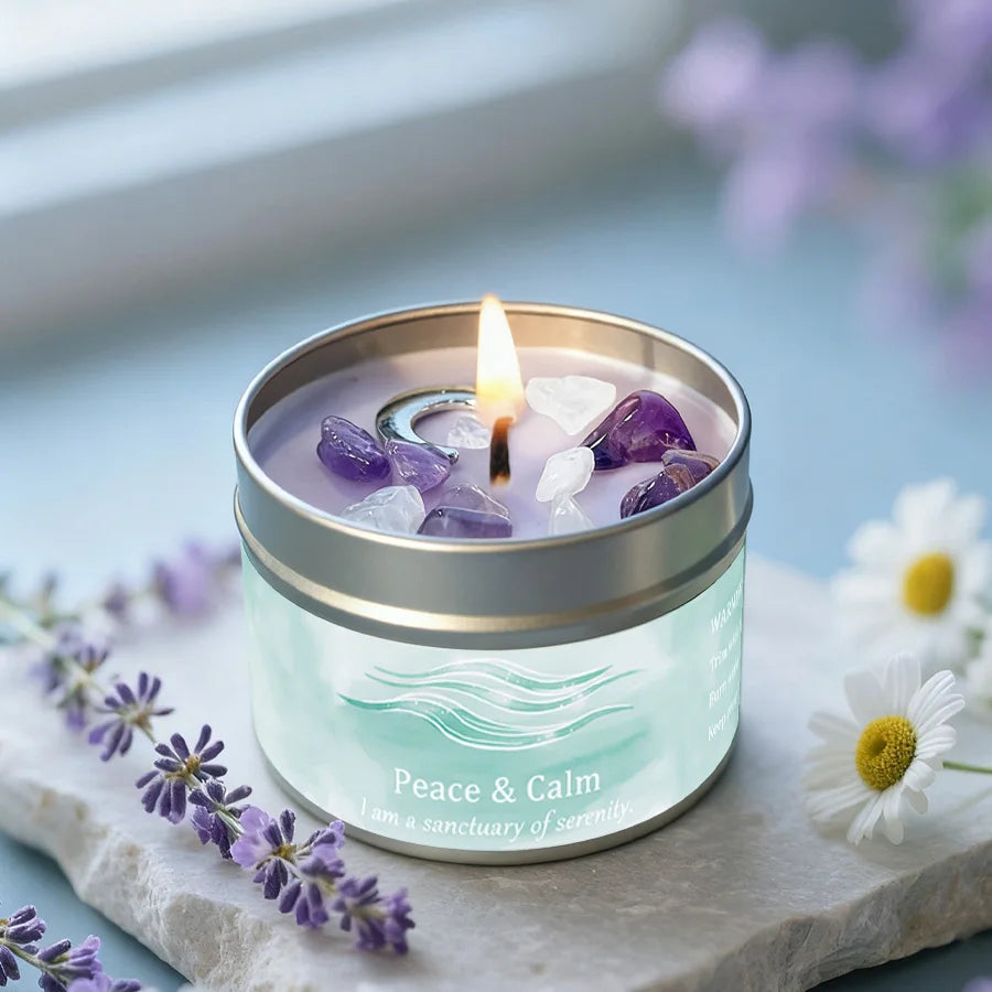Law of Attraction Peace Ritual Candle, Lavender & Chamomile Aroma with Healing Crystals, Great for Holiday Gifting Christmas