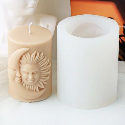 1pc Relief Sun-Moon Face Silicone Candle Mold Cylinder Molds for Scented Candles Plaster Epoxy Resin Casting Home Dinner Decor