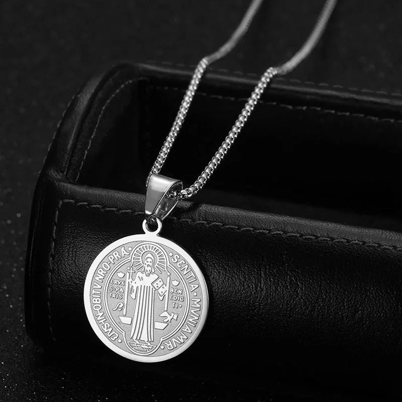 HNSP Stainless Steel San Benito Medal Pendant Chain Necklace Saint Benedict of Nursia Religious Jewelry Accessories