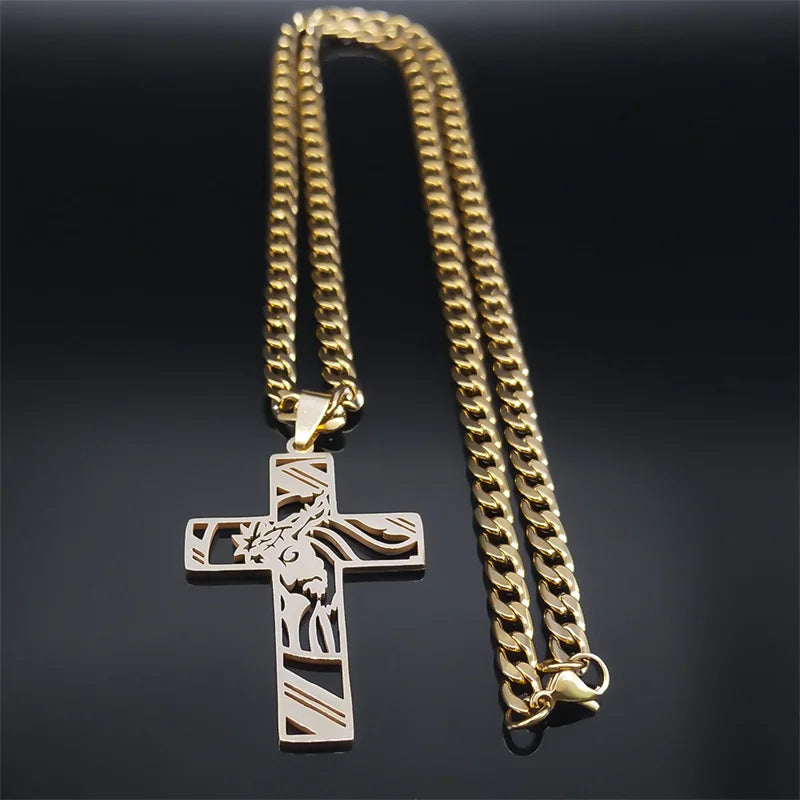 Hiphop Punk Kroon Van Doorns Jesus Kruis Ketting Voor Mannen Roestvrij Staal Verguld Kruisbeeld Hanger Kettingen Sieraden N8052
