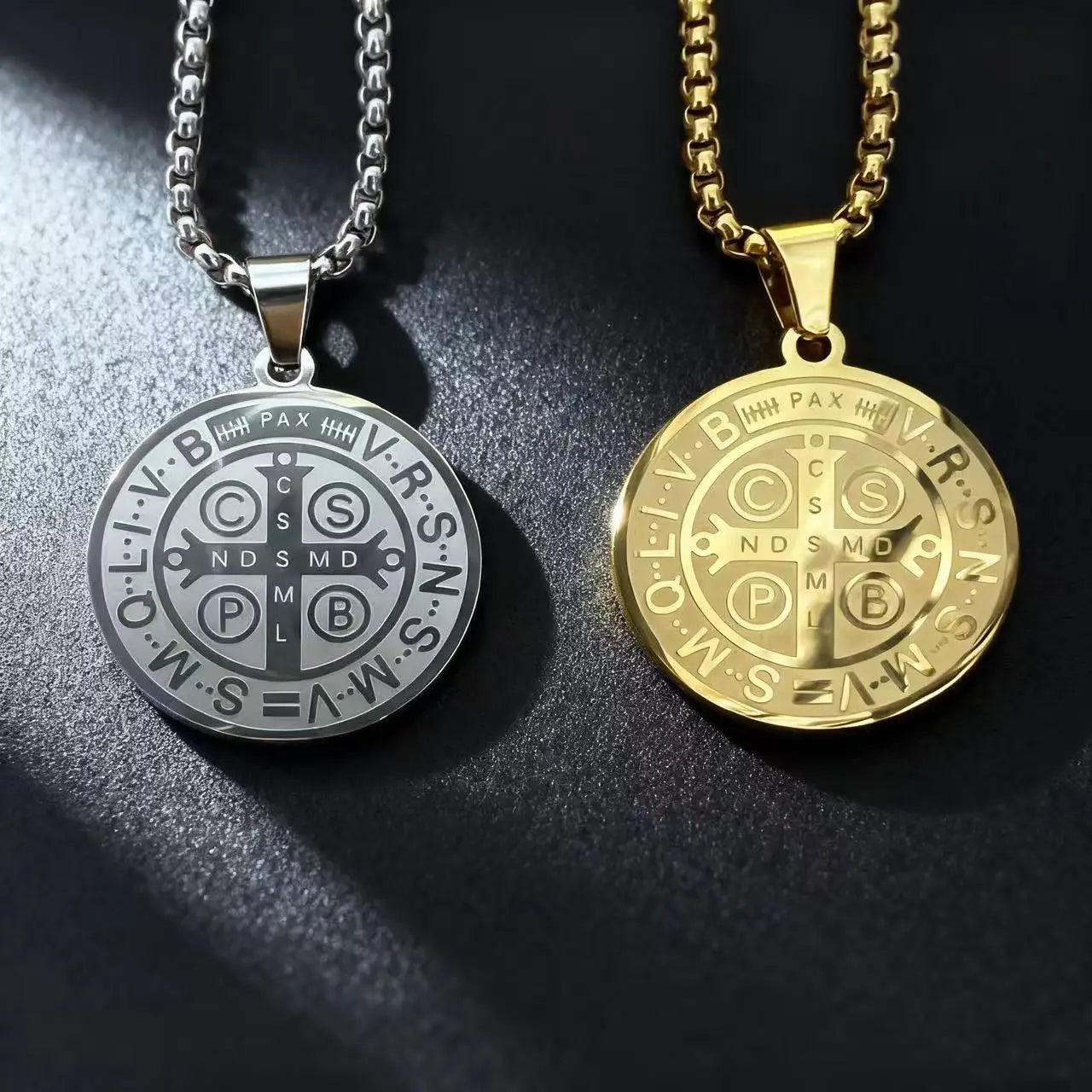 HNSP Stainless Steel San Benito Medal Pendant Chain Necklace Saint Benedict of Nursia Religious Jewelry Accessories