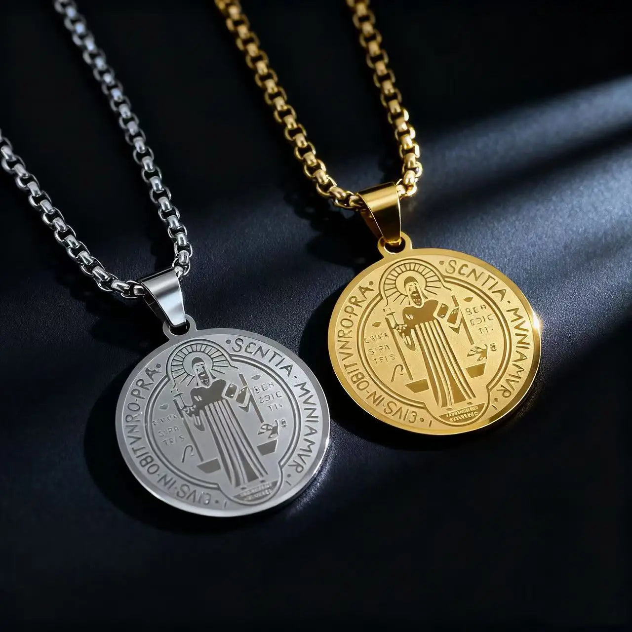 HNSP Stainless Steel San Benito Medal Pendant Chain Necklace Saint Benedict of Nursia Religious Jewelry Accessories