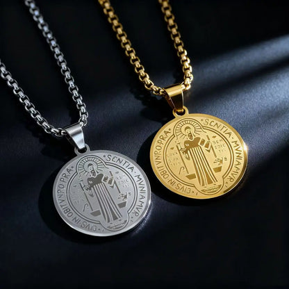 HNSP Stainless Steel San Benito Medal Pendant Chain Necklace Saint Benedict of Nursia Religious Jewelry Accessories