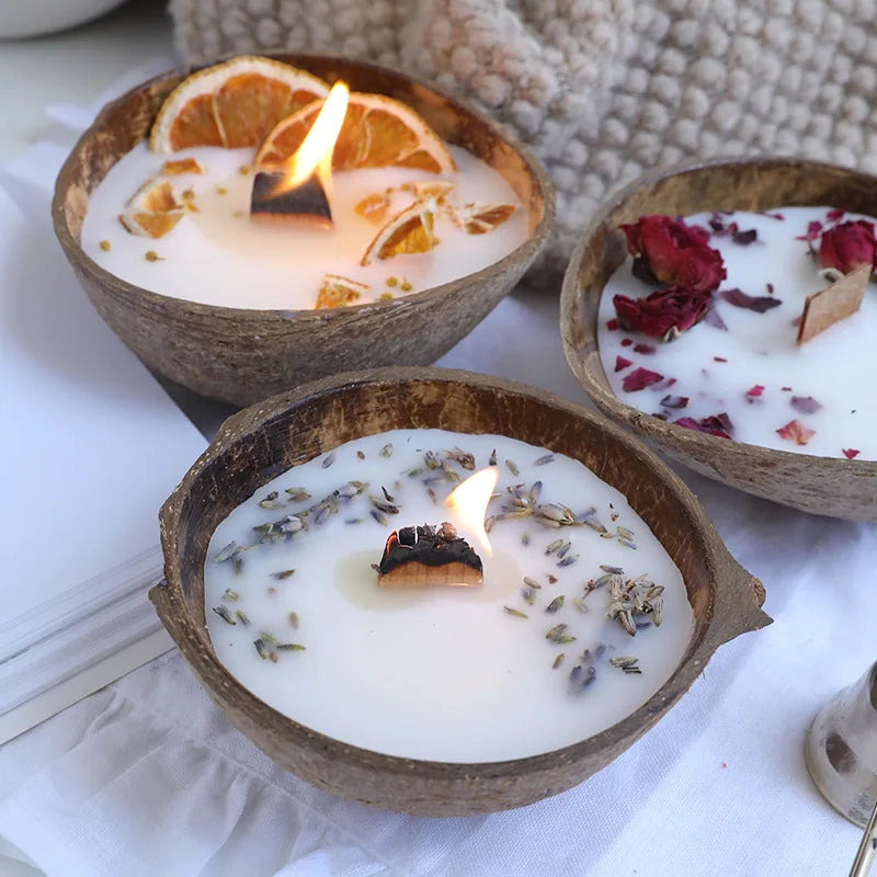 Coconut Bowl Candle with Dried Flowers Home Decorative Candles Eco Friendly Aromatherapy Candle for Weddding
