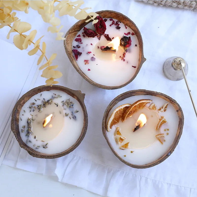 Coconut Bowl Candle with Dried Flowers Home Decorative Candles Eco Friendly Aromatherapy Candle for Weddding