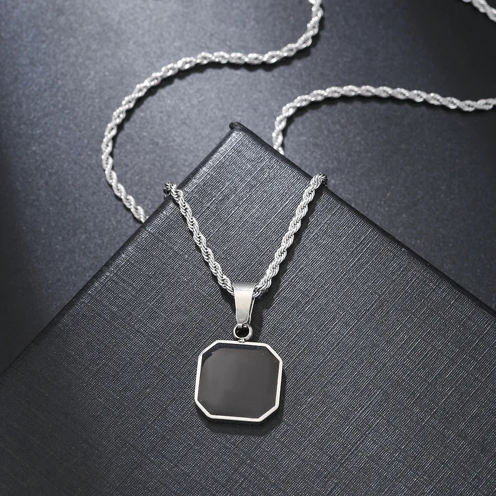 Stylish Men's Black Enamel Necklaces, Stainless Steel Square Pendant Necklace,Minimalist Male Collar Jewelry Gift