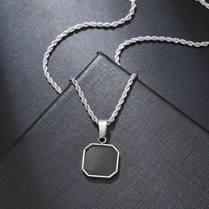 Stylish Men's Black Enamel Necklaces, Stainless Steel Square Pendant Necklace,Minimalist Male Collar Jewelry Gift
