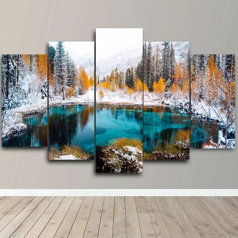 5 tableaux à l'huile représentant un paysage lacustre naturel, encadrés