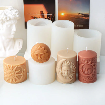 1pc Relief Sun-Moon Face Silicone Candle Mold Cylinder Molds for Scented Candles Plaster Epoxy Resin Casting Home Dinner Decor