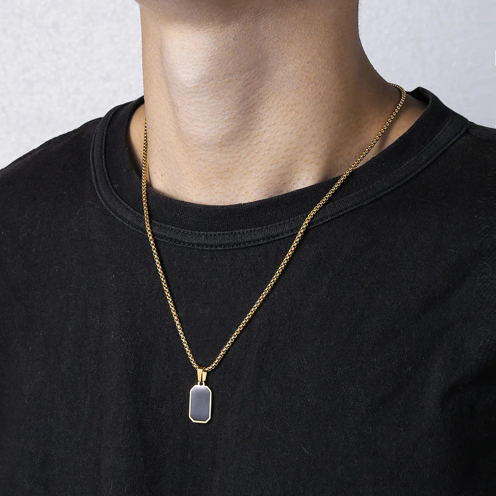 Stylish Men's Black Enamel Necklaces, Stainless Steel Square Pendant Necklace,Minimalist Male Collar Jewelry Gift