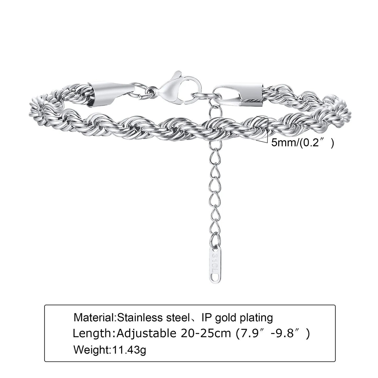 2-5MM Stainless Steel Rope Bracelets for Men Boys,Adjustable Gold Silver Color Links Wristband,Rock Punk Cool Jewelry Gift