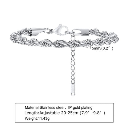 2-5MM Stainless Steel Rope Bracelets for Men Boys,Adjustable Gold Silver Color Links Wristband,Rock Punk Cool Jewelry Gift