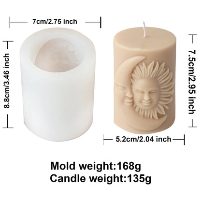 1pc Relief Sun-Moon Face Silicone Candle Mold Cylinder Molds for Scented Candles Plaster Epoxy Resin Casting Home Dinner Decor