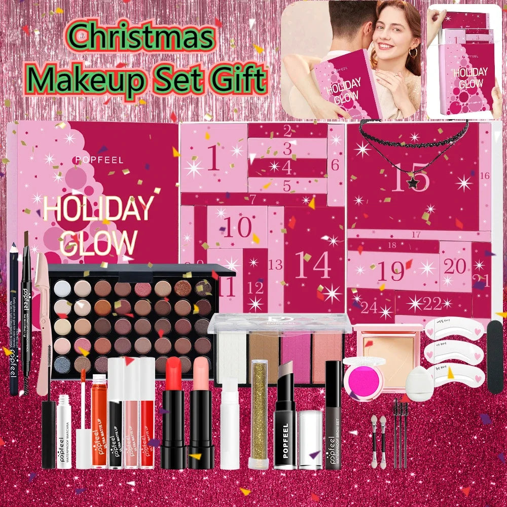 Kerst Countdown Make-up Set Lippenstift Oogschaduw Cosmetica 24-delige Vakantie Schoonheid Adventskalender Geschenkdoos voor Dames Meisjes
