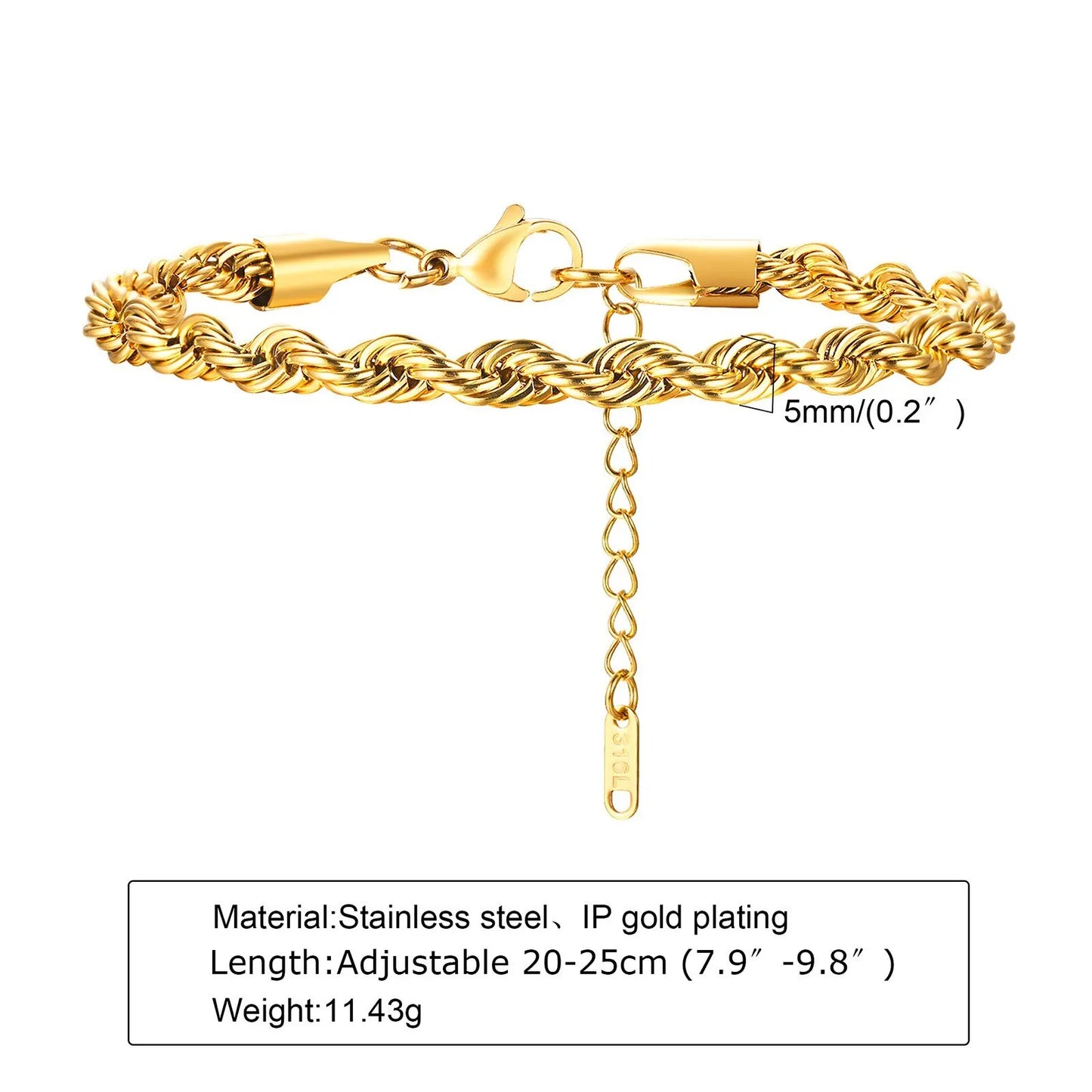 2-5MM Stainless Steel Rope Bracelets for Men Boys,Adjustable Gold Silver Color Links Wristband,Rock Punk Cool Jewelry Gift