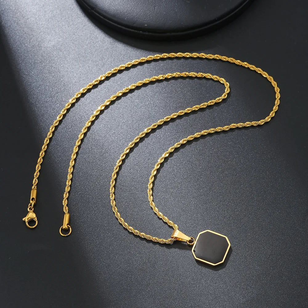 Stylish Men's Black Enamel Necklaces, Stainless Steel Square Pendant Necklace,Minimalist Male Collar Jewelry Gift