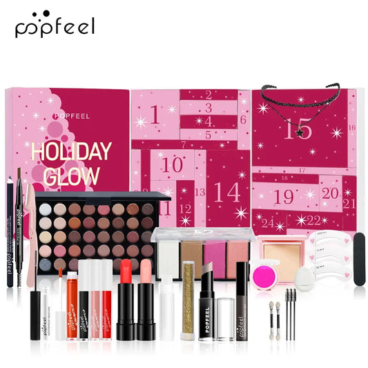 Coffret de maquillage pour le calendrier de l'Avent de 24 pièces pour femmes et filles : rouge à lèvres, fard à paupières et maquillage.