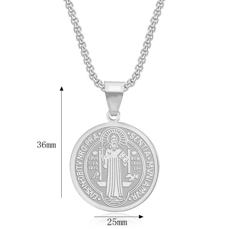 HNSP Stainless Steel San Benito Medal Pendant Chain Necklace Saint Benedict of Nursia Religious Jewelry Accessories