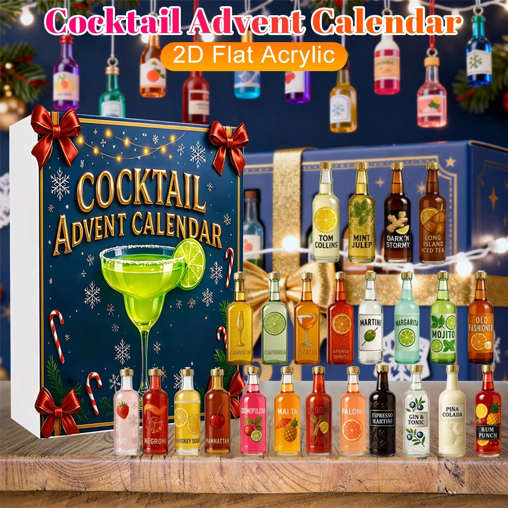 Cocktail Christmas Advent Calendar 2025 Xmas Gifts with 2D Flat Cocktail Ornaments Christmas Countdown Calendar Home Decoration