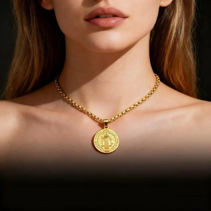 HNSP Stainless Steel San Benito Medal Pendant Chain Necklace Saint Benedict of Nursia Religious Jewelry Accessories