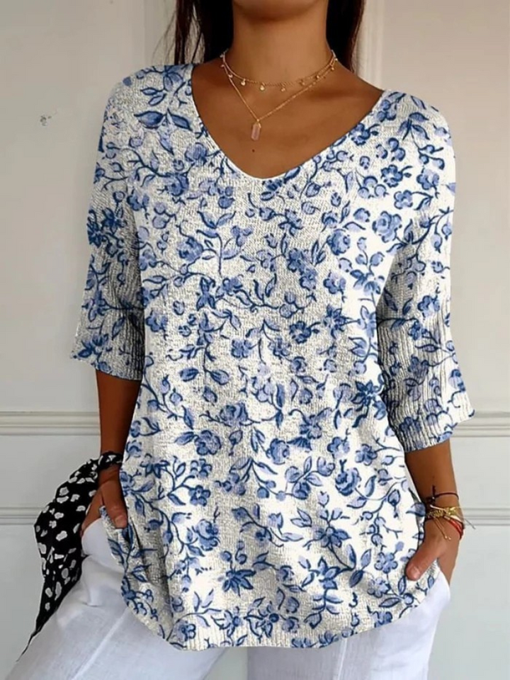 Pull décontracté en tricot avec motif floral bleu pour femmess