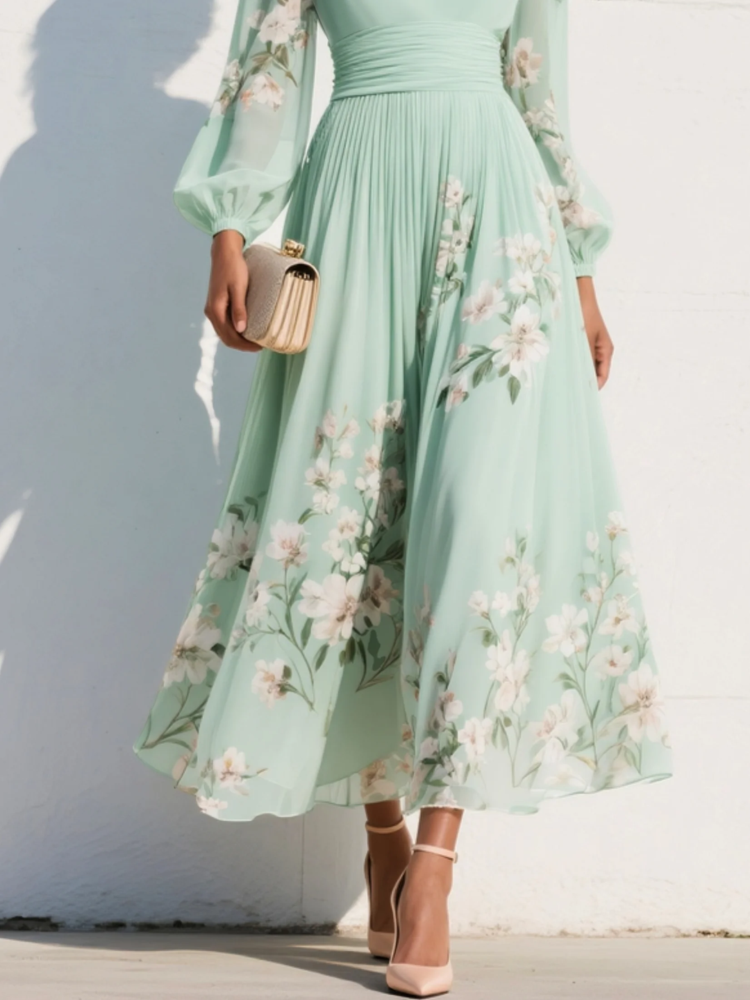 ROBE MIDI PLISSÉE EN MOUSSELINE VERT CLAIR À COL EN V ET IMPRIMÉ FLORAL