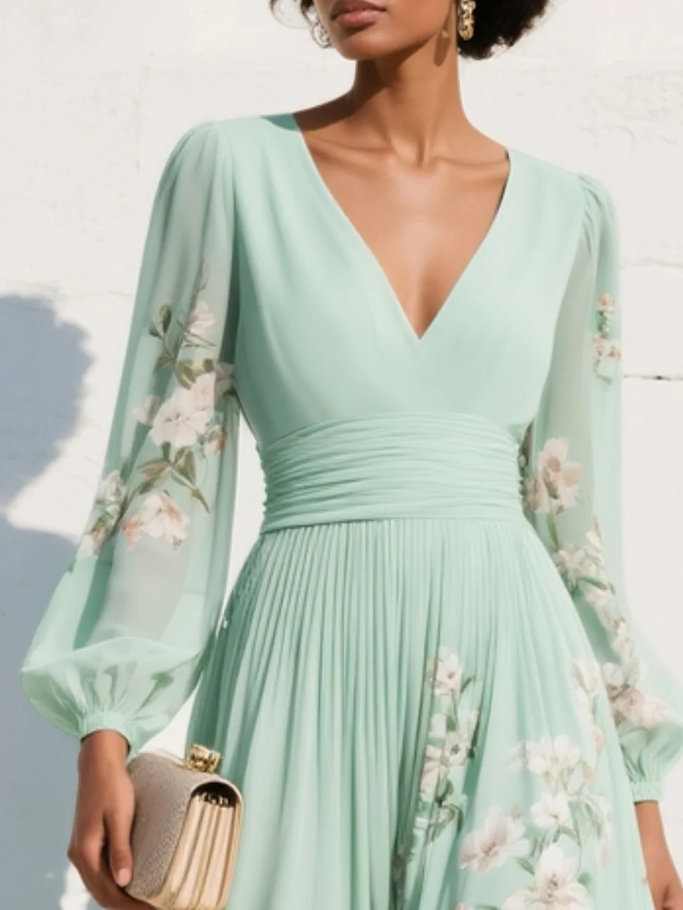 ROBE MIDI PLISSÉE EN MOUSSELINE VERT CLAIR À COL EN V ET IMPRIMÉ FLORAL